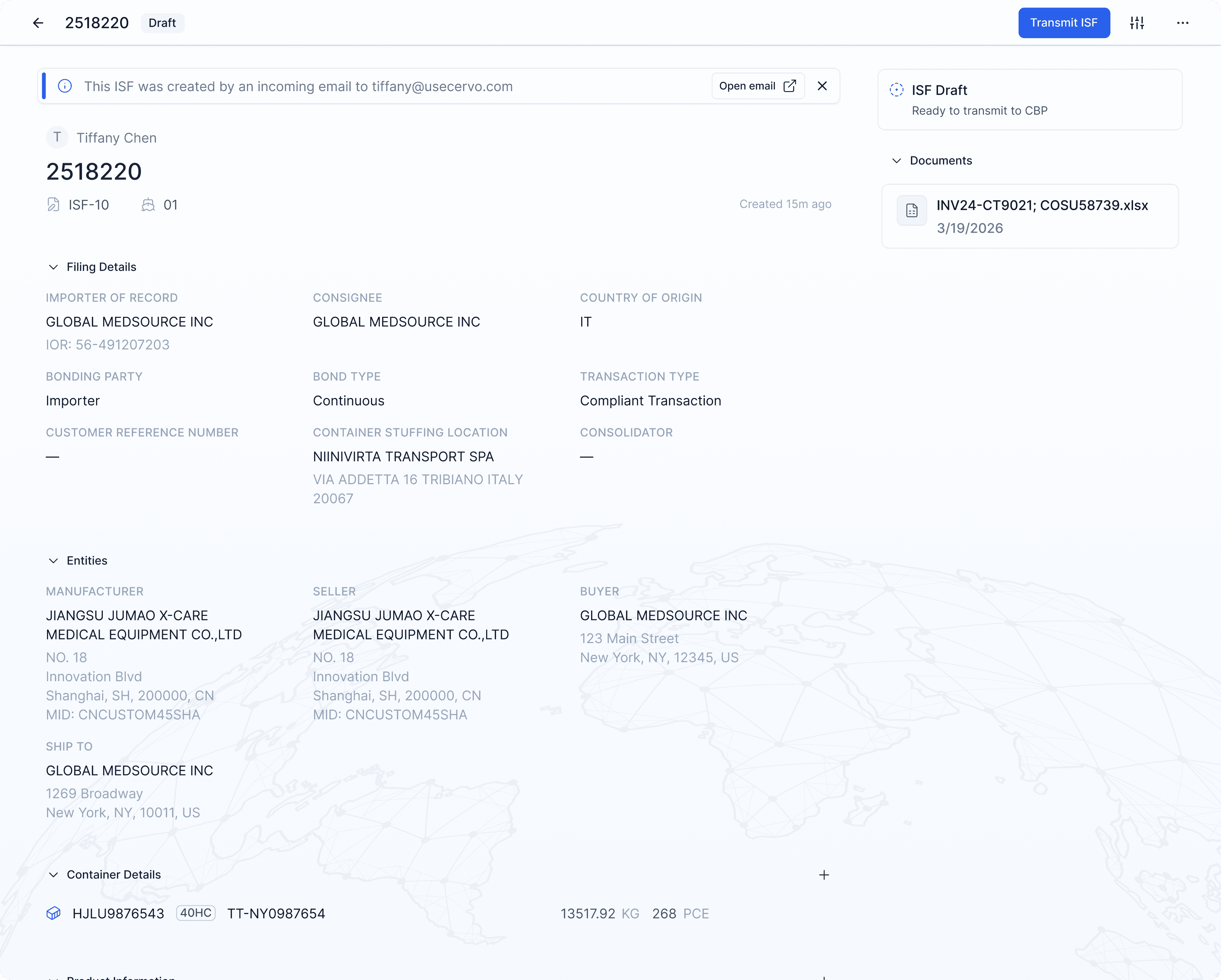 ISF automation product hero — Cervo importer security filing workspace