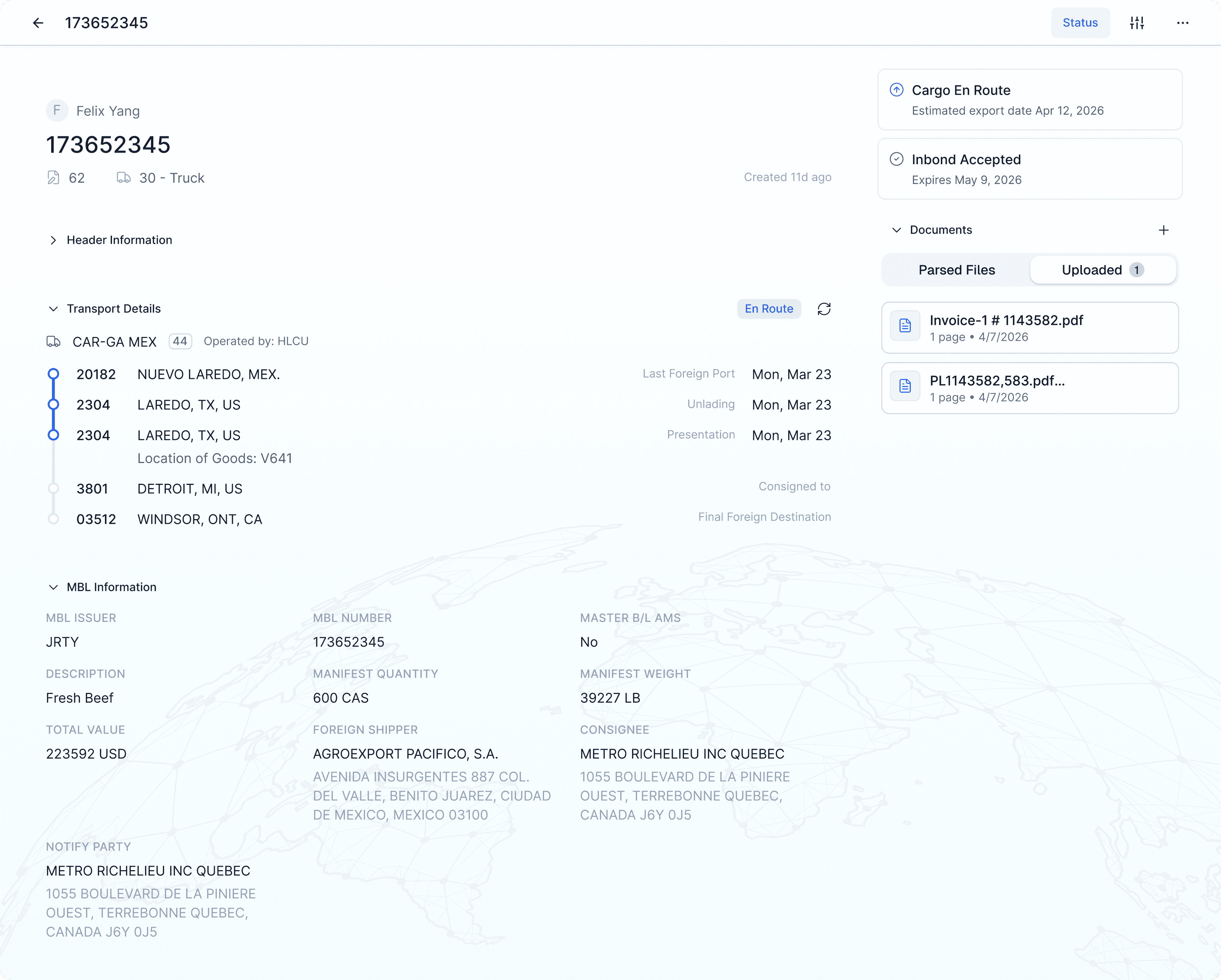 Inbond automation product hero — Cervo in-bond workflow workspace