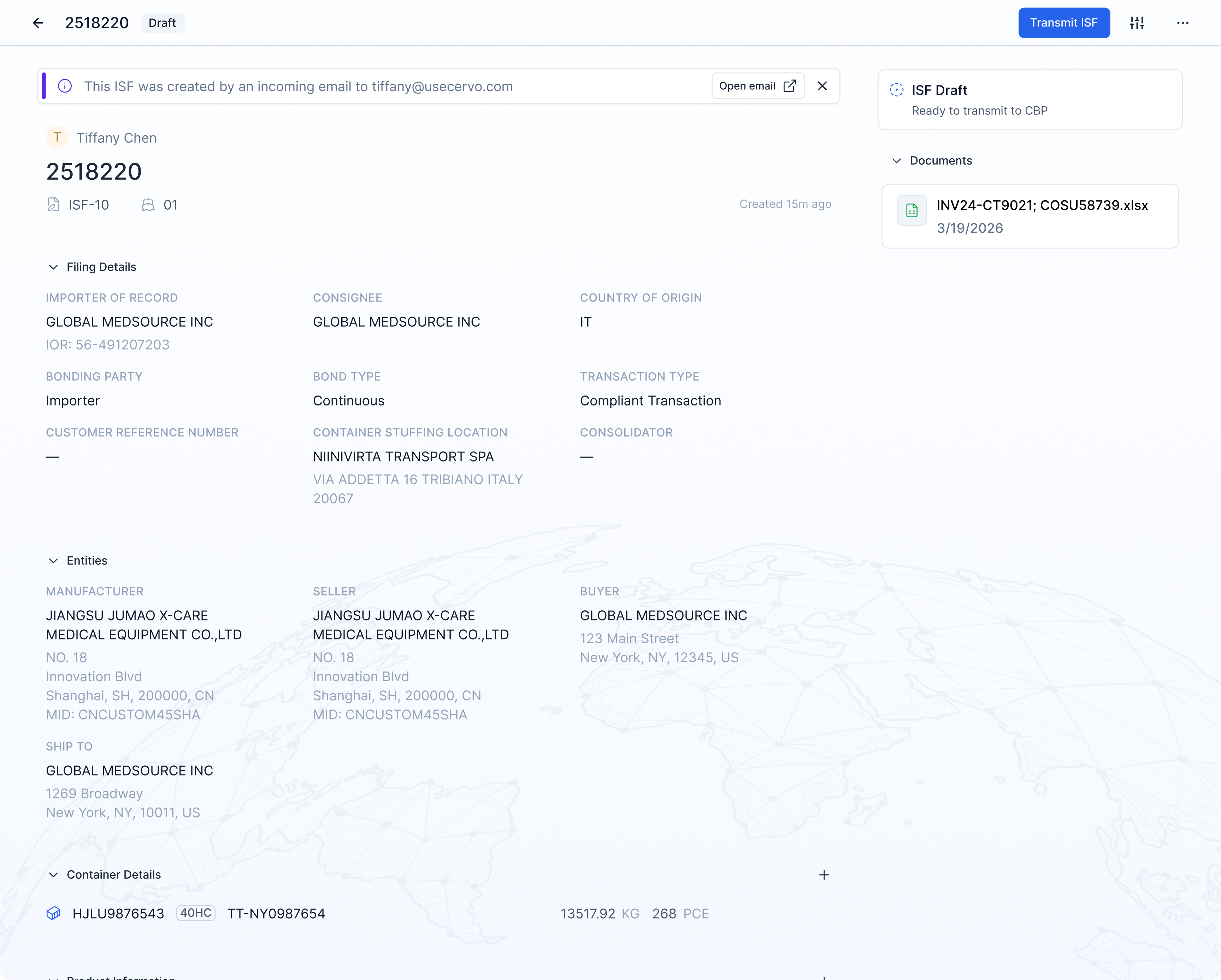 Cervo workspace for customs filing and Importer Security Filing (ISF) automation