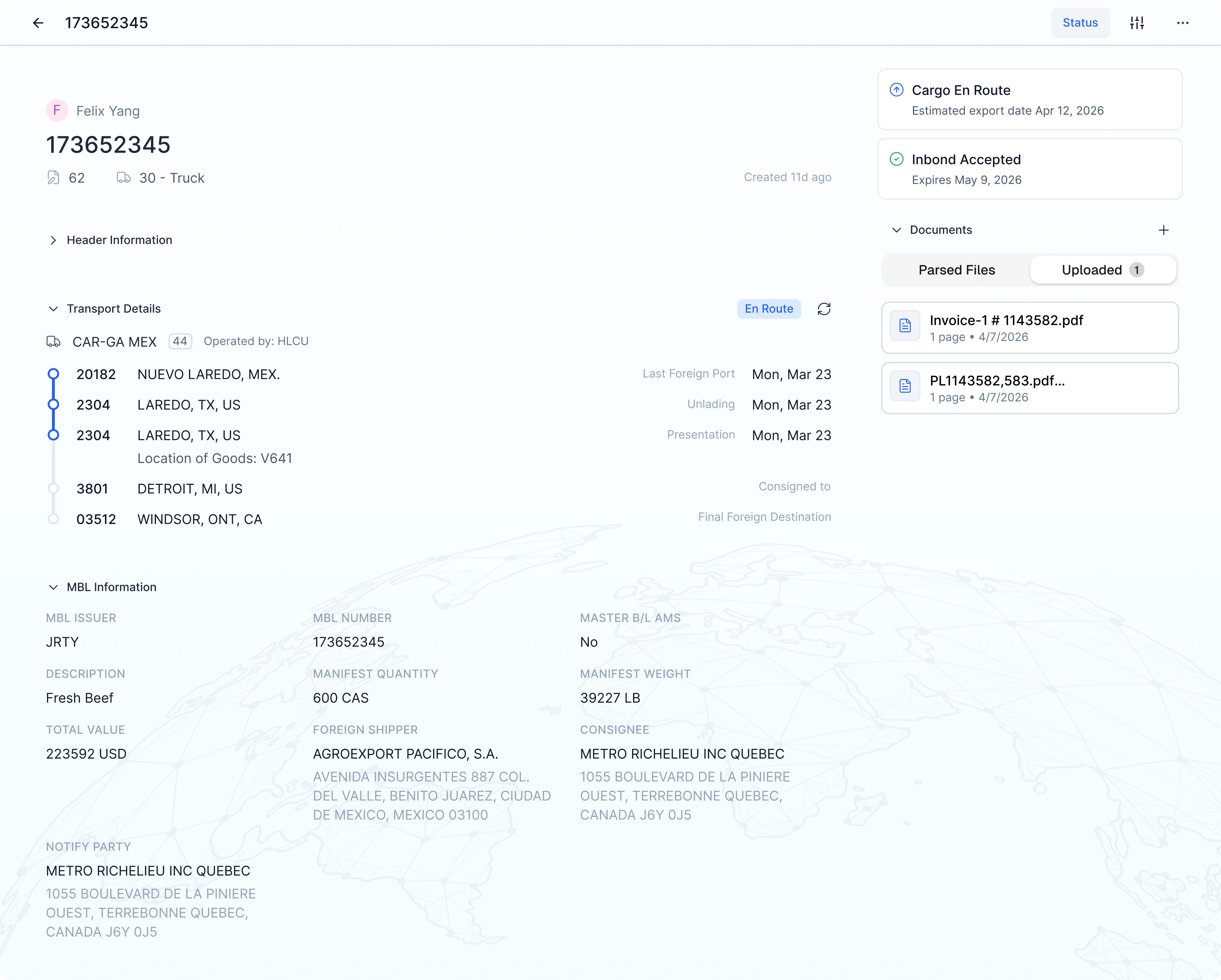 In-bond workflow dashboard with shipment movement and filing details